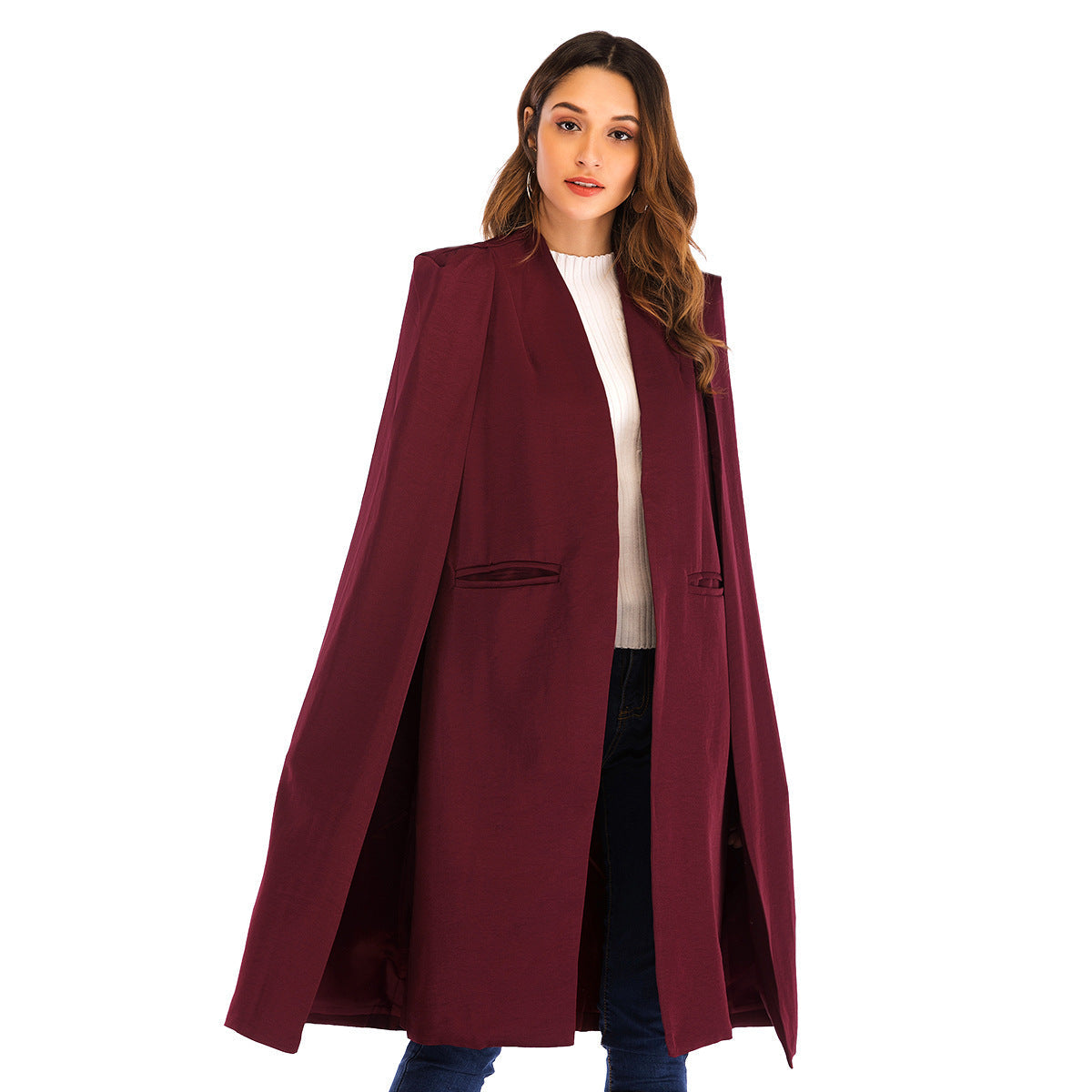 Carmine Juneberry Urban Cloak Cape Coat, 25 Edition, stylish jacket with a flowing silhouette and modern design, shown in black.