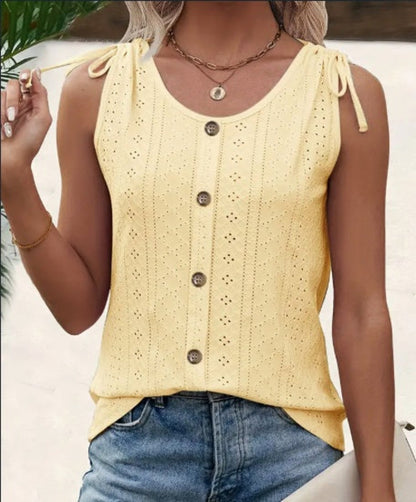 Pear Daisy eyelet button front sleeveless tank top for summer, casual casual top with eyelet details, perfect for warm weather wear.