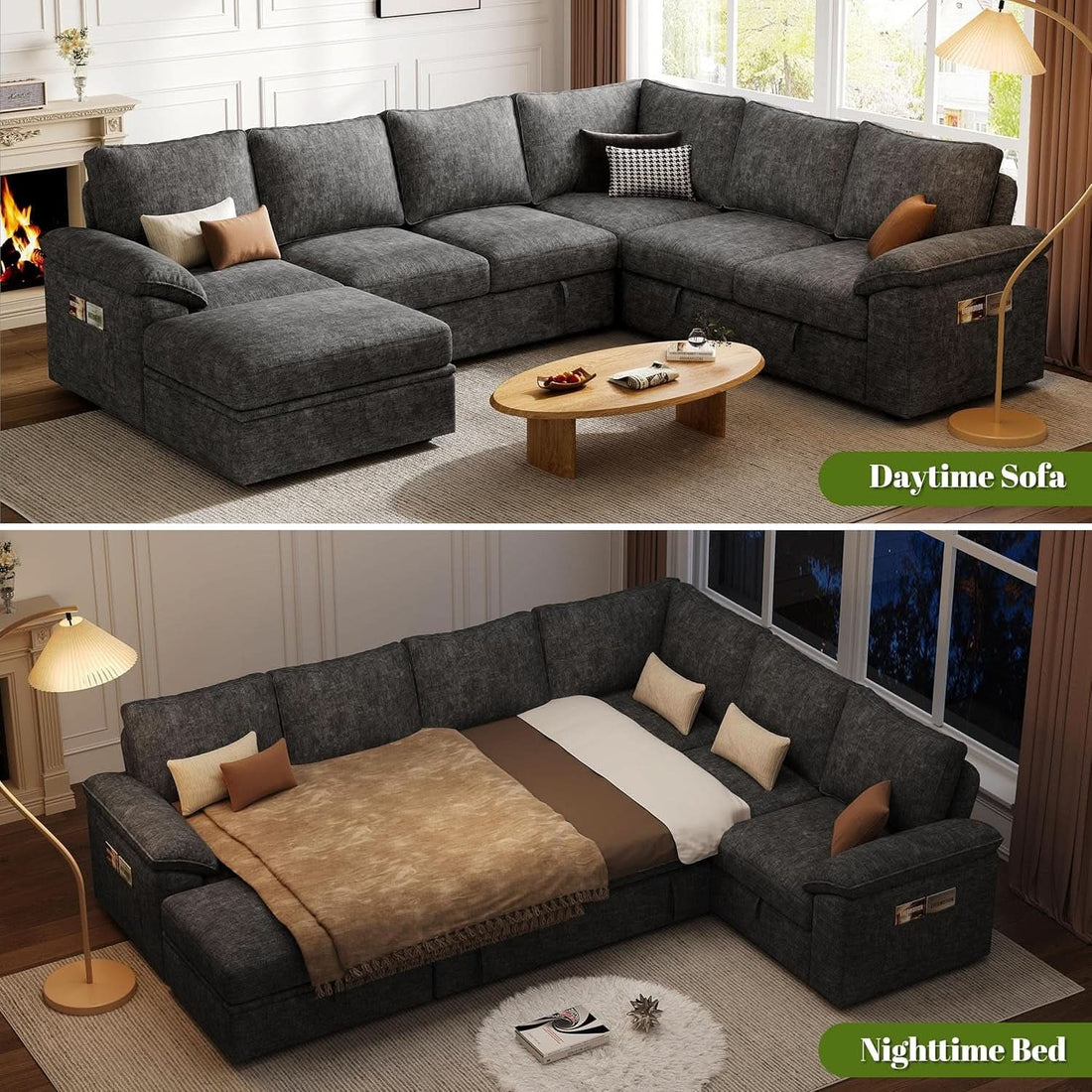 108 Inch Modular Sectional Sleeper Sofa CharcoalGrey