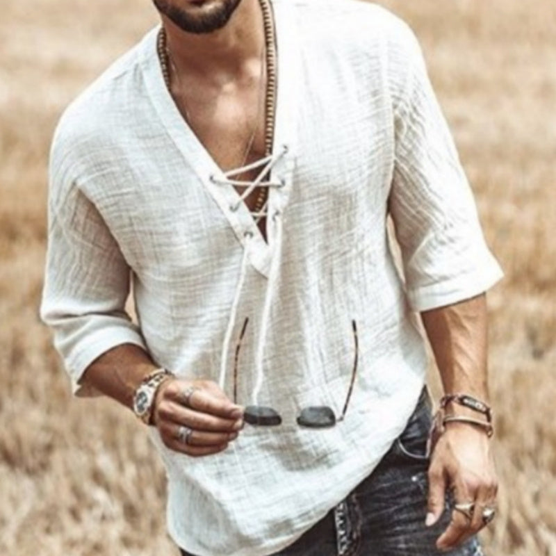 Men’s linen shirt by Carmine Juneberry with short sleeves, casual vintage style, lace-up design, ideal for relaxed summer wear.