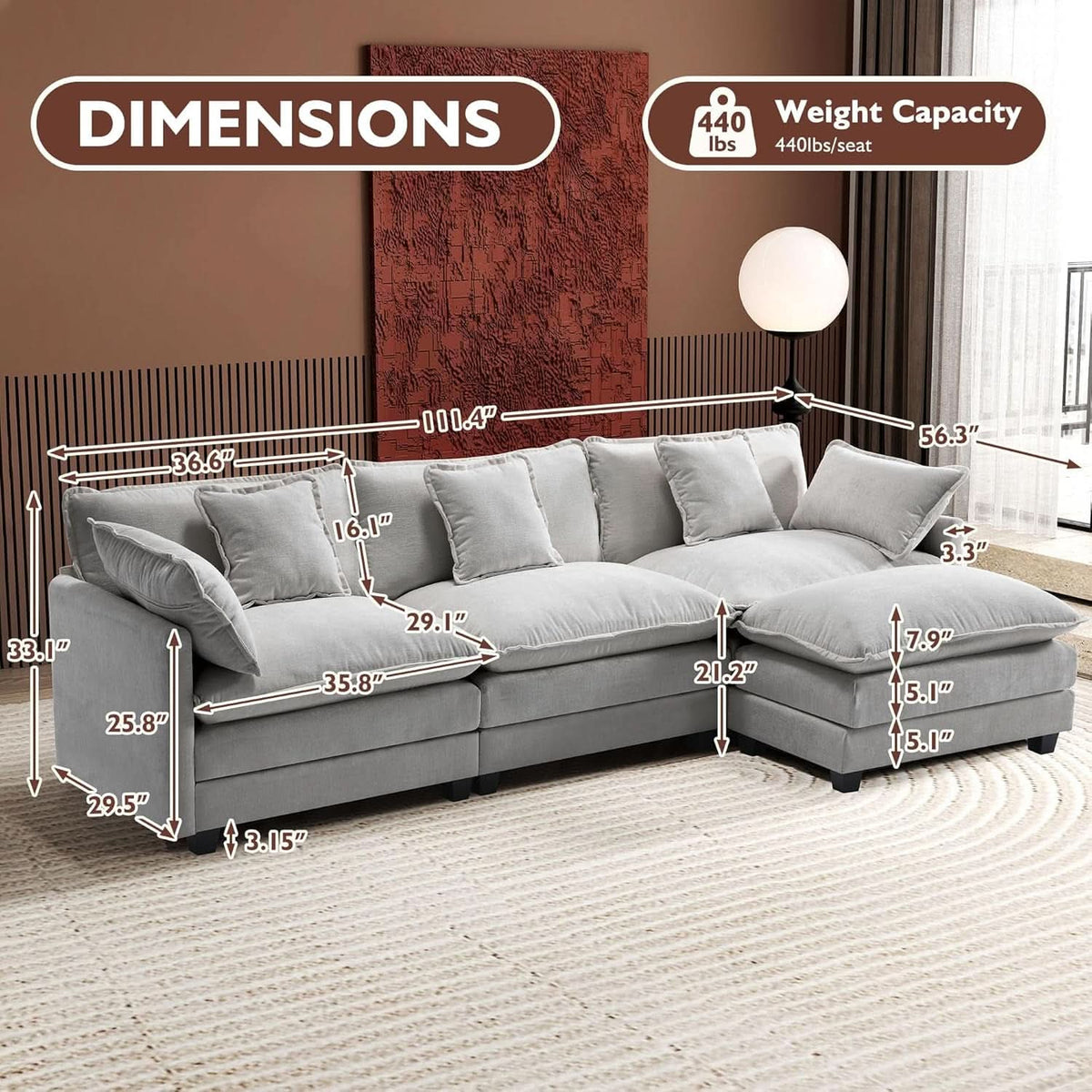 111 Inch L Shaped Modern Glam Sofa Sectional With Ottoman Cloud Foam Cushions Grey Chenille