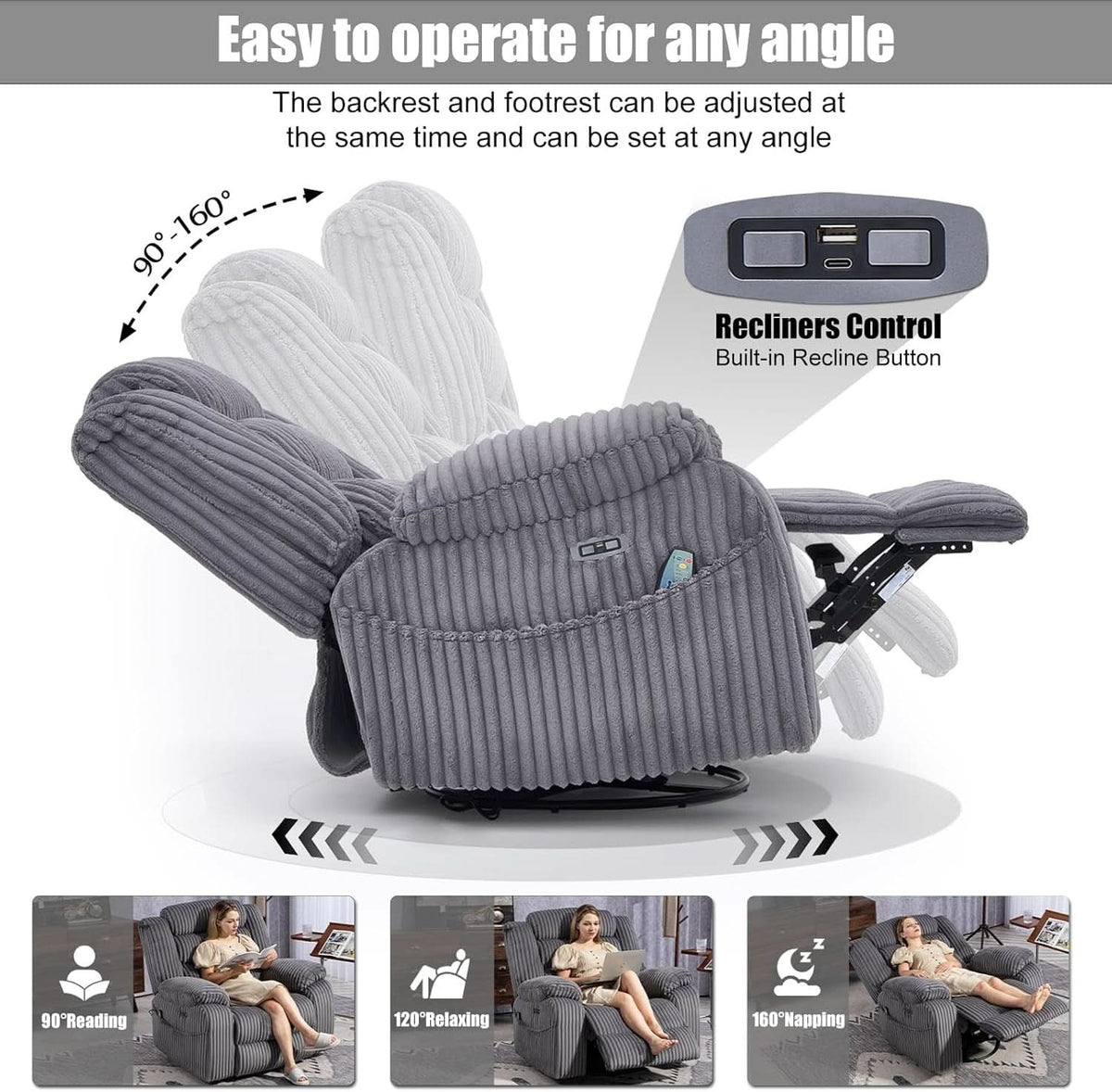 Grey Heated Massage Power Recliner With USB Port Charging