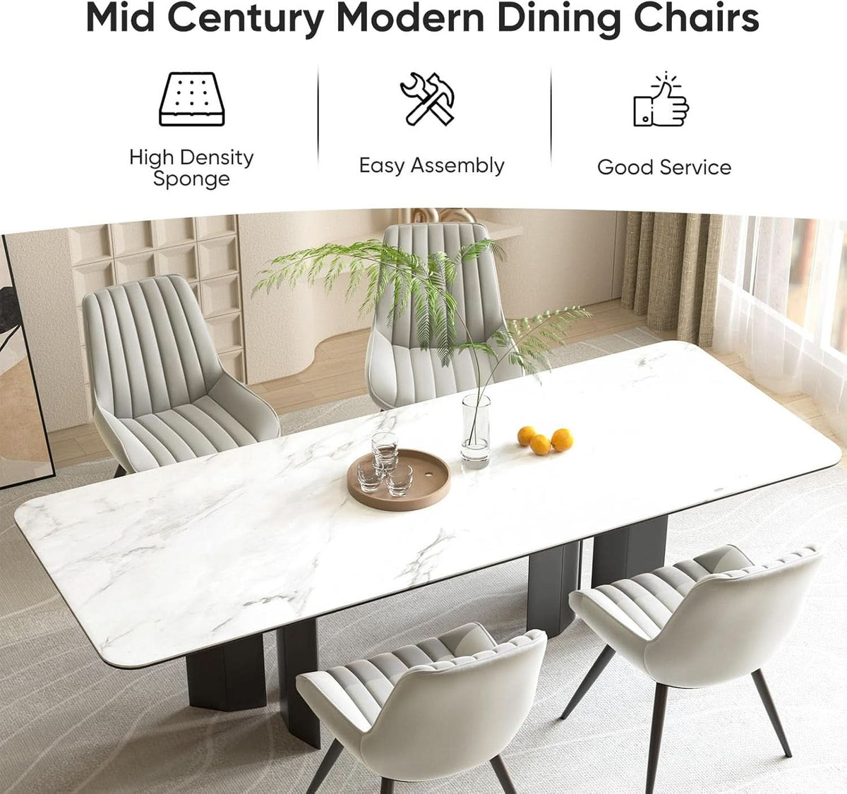 Grey Upholstered Dining Chairs Set Of 4 With Thick Cushions And Metal Legs
