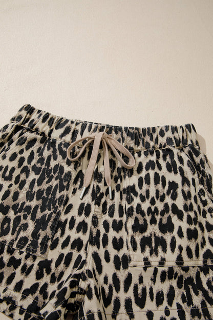 Leopard print denim shorts with drawstring waist and elastic band, women&
