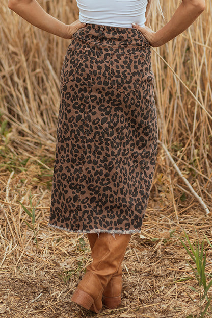 Leopard print denim midi skirt with frayed hem for women, stylish Byzantium Bay women&