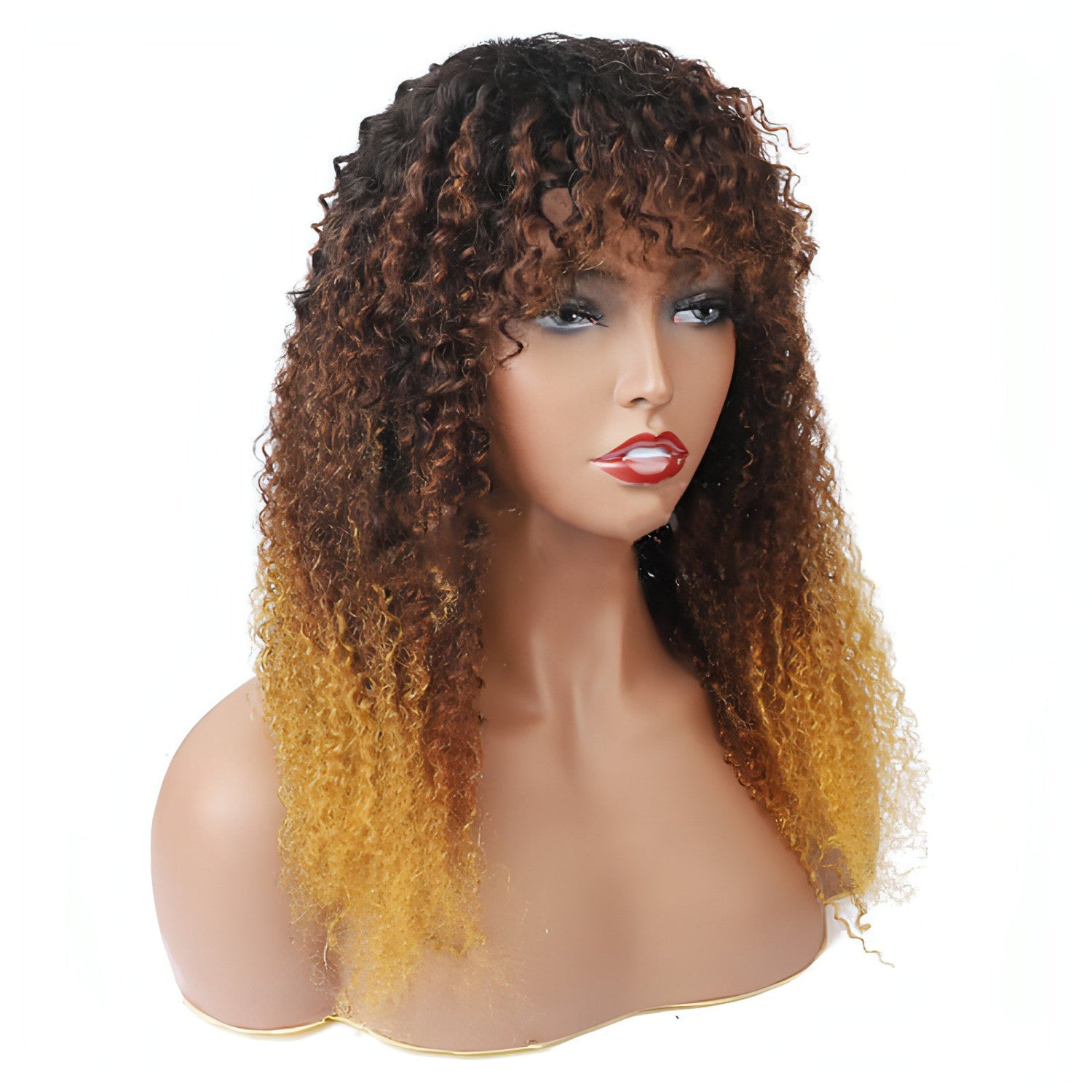 Carmine Juneberry SilkFlow curly wig showcasing shiny, voluminous silk-like hair with tight curls, styled for a natural look.