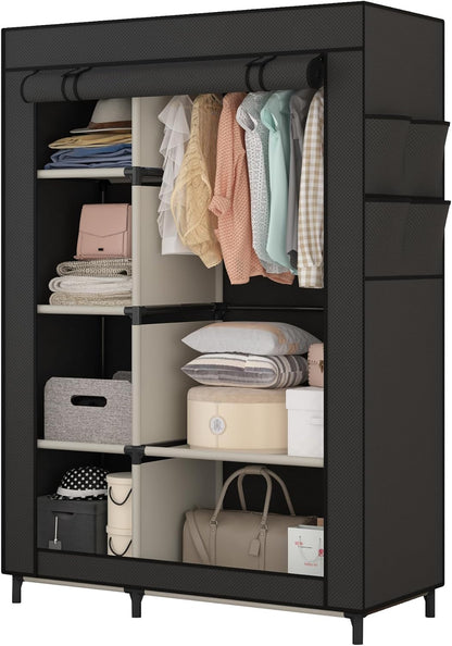 Black Peach Maple portable closet organizer with six shelves and a hanging rod, ideal for bedroom storage and organization.