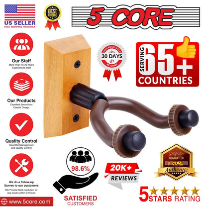 Violet Rose 5Core Guitar Wall Mount Hanger 2Pack, U-shaped wooden guitar hooks mounted on wall for secure instrument display