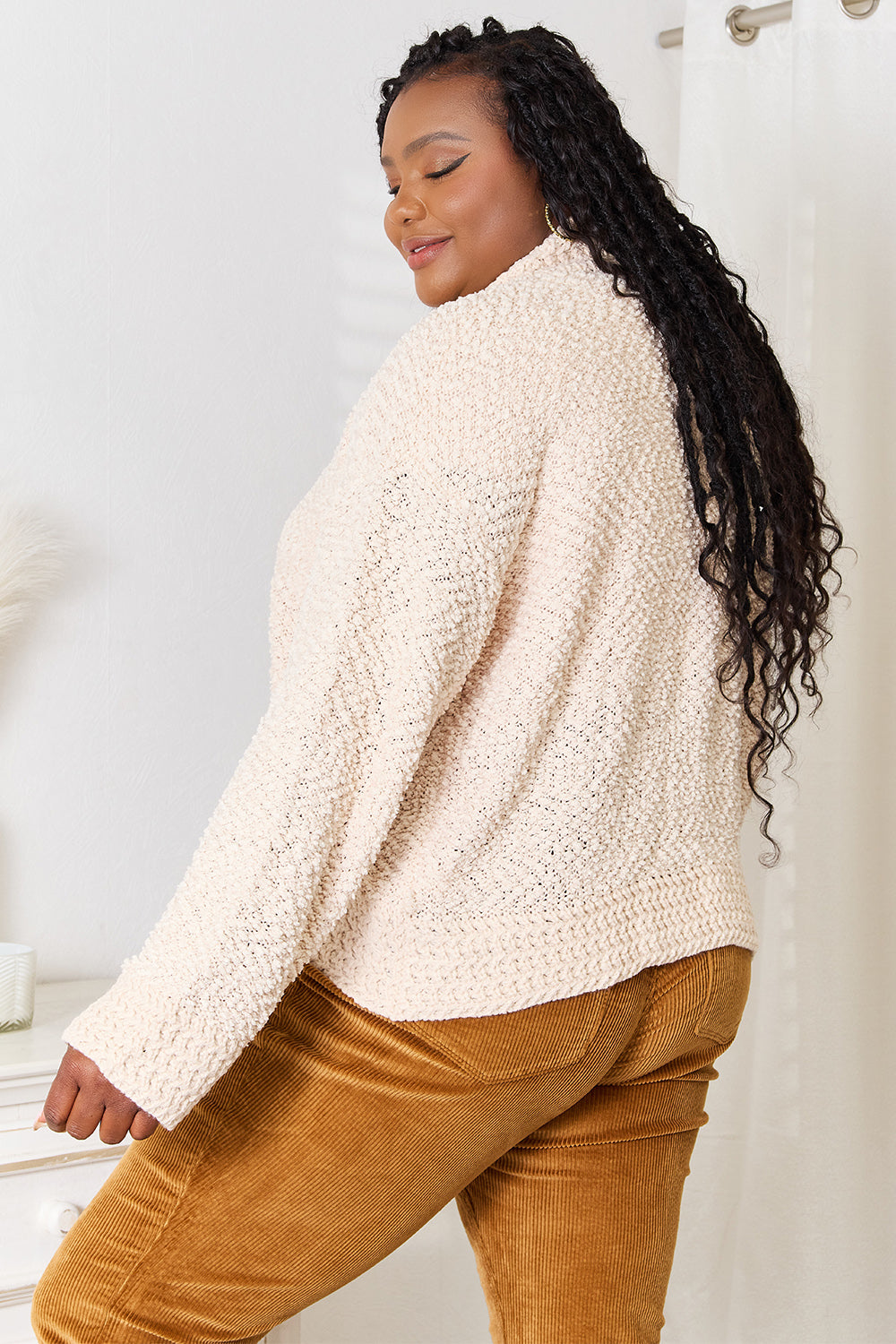 Pear Daisy Double Take open front long sleeve cardigan, cozy knit for home or casual wear, shown in a relaxed fit.