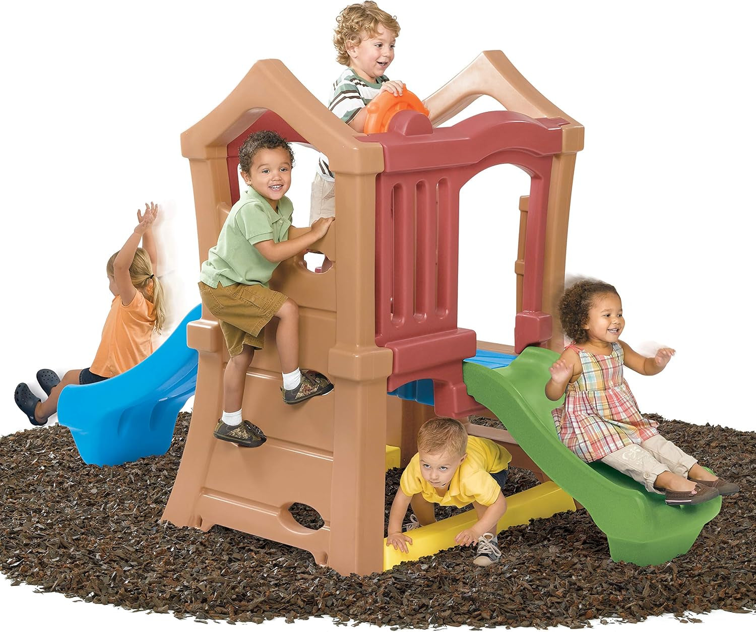 Peach Maple Play Up Double Slide Climber outdoor toddler playset with slides and climbing features for ages 2 to 6.