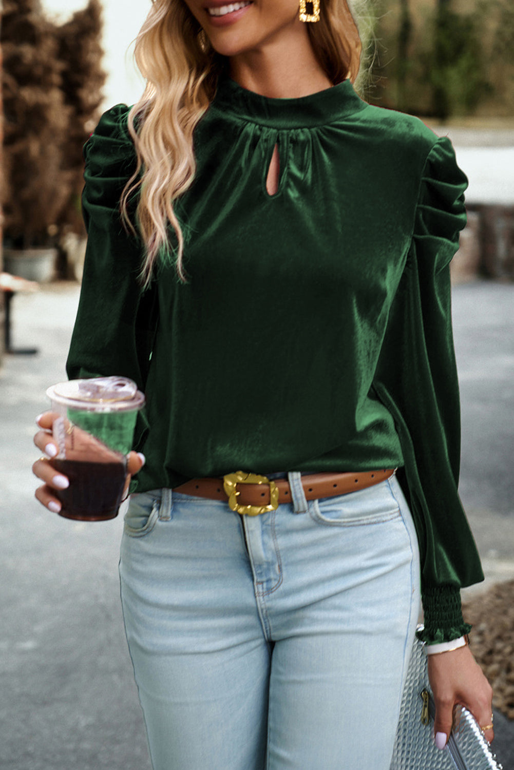 Blackish green velvet puff sleeve mock neck blouse by Carmine Juneberry, featuring stylish puff sleeves and a fitted mock neck.