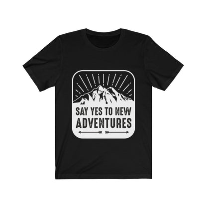 Plum Charlie Say Yes to New Adventures T-shirt in soft fabric with printed text design, casual fit, and short sleeves.