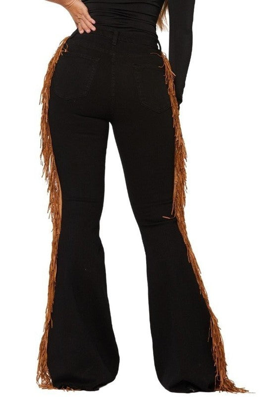 Automotive Jade Icarus Fringe Bell Bottom with 32-inch inseam, showcasing detailed fringe design and stylish fit.