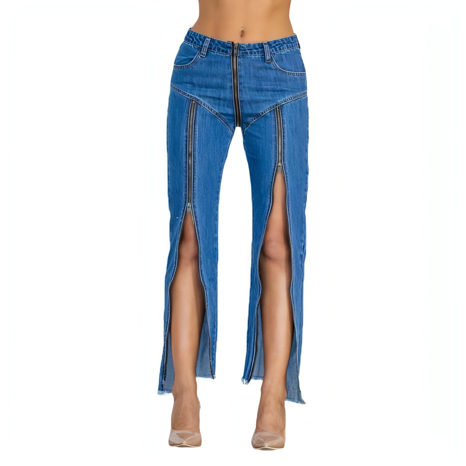 Dark blue UrbanEase™ Women Zipper Jeans by Carmine Juneberry, featuring a fitted denim style with zipper details and a sleek silhouette.