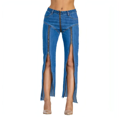 Dark blue UrbanEase™ Women Zipper Jeans by Carmine Juneberry, featuring a fitted denim style with zipper details and a sleek silhouette.