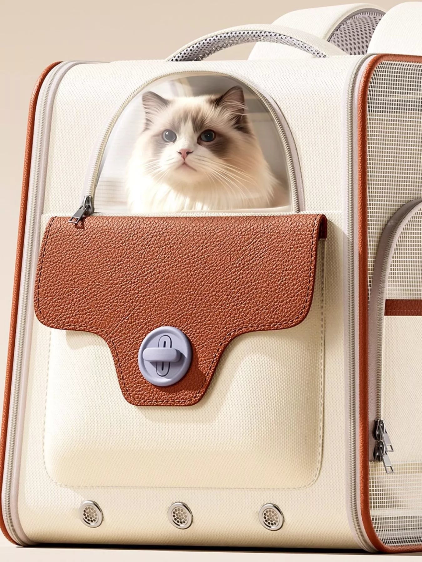 Pear Daisy portable breathable pet carrier backpack for pets, featuring adjustable straps and mesh ventilation for comfort.