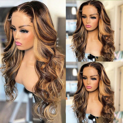 Pear Daisy 13x4 lace frontal human hair wig with P4 27 body wave, natural-looking style and full density.