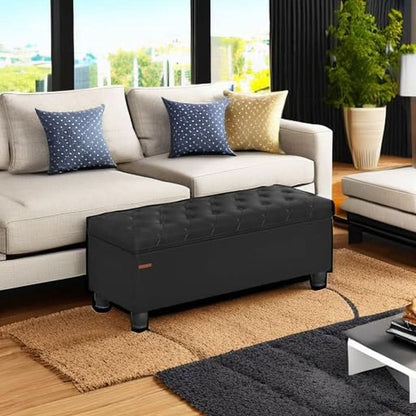 Executive Black Leather Storage Ottoman Bench 46 Inches