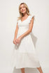 Pear Daisy ruffle sleeve front smocked tiered midi dress, showcasing the stylish design and ruffled details.