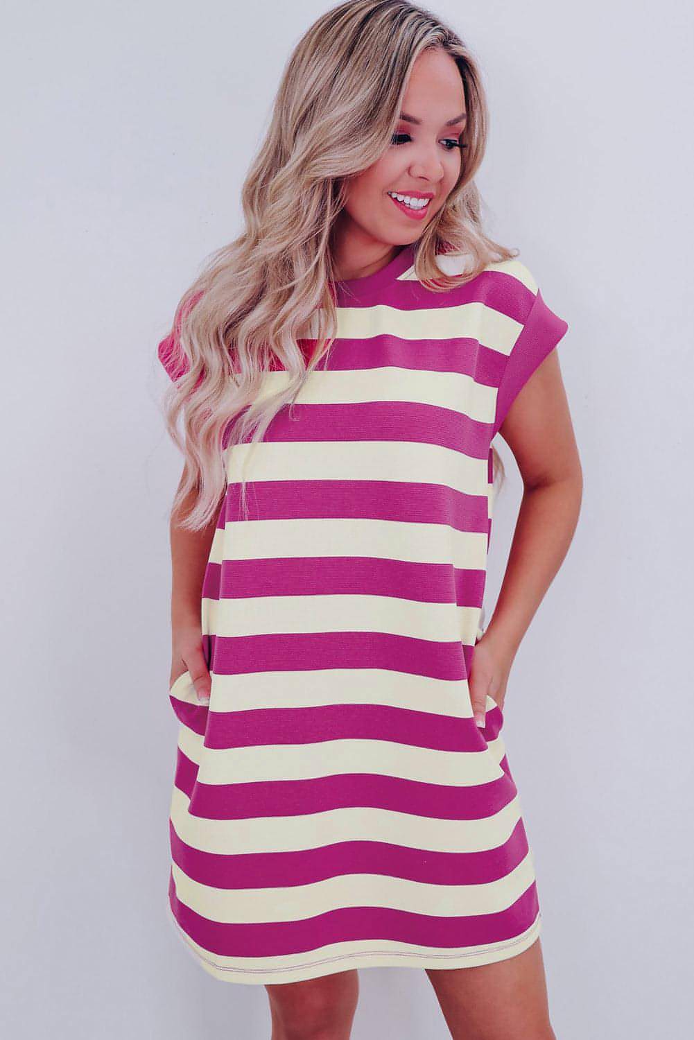 Rose stripe cap sleeve T-shirt dress with pockets by Carmine Juneberry, casual shift style perfect for everyday wear.
