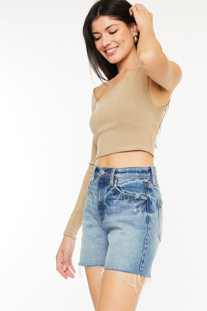 Raw hem high waist denim shorts by Kancan in a full size, styled with automotive-themed accessories and details.