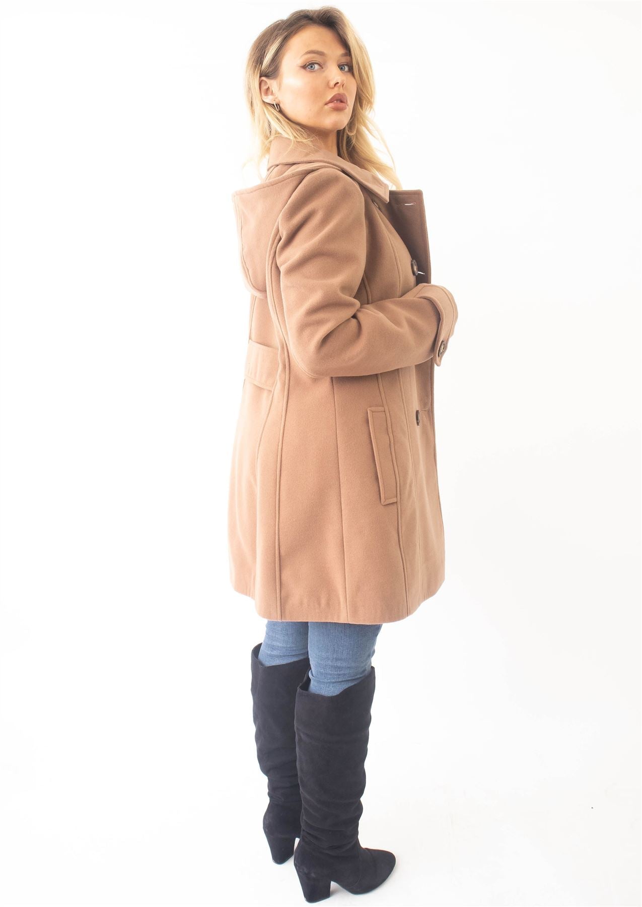 Rose Eleusis wool feel double-breasted hooded coat, stylish jacket with front buttons and cozy hood, perfect for layered winter wear.