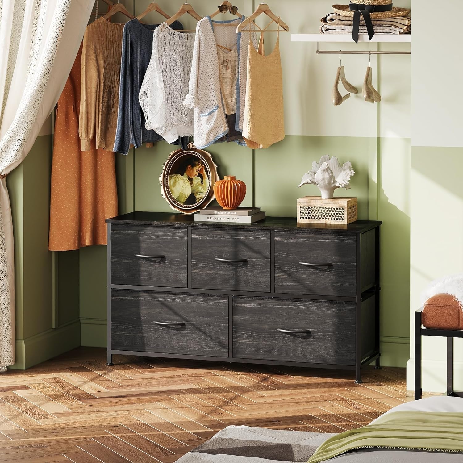 Charcoal black wood grain dresser by Peach Maple with five drawers and fabric bins, showcasing sleek furniture design.