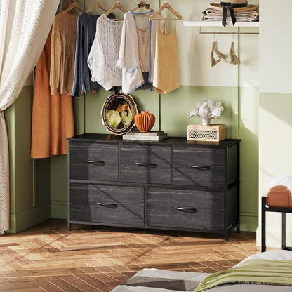 Charcoal black wood grain dresser by Peach Maple with five drawers and fabric bins, showcasing sleek furniture design.