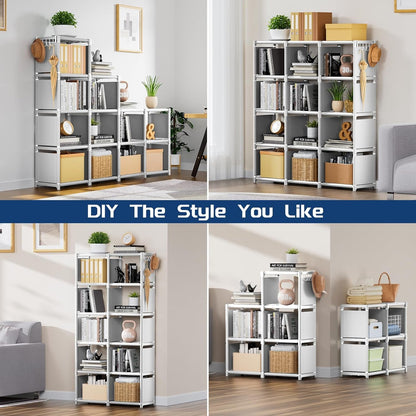 White Peach Maple 12-cube storage book shelf organizer with open cubbies, ideal for closet and home organization.