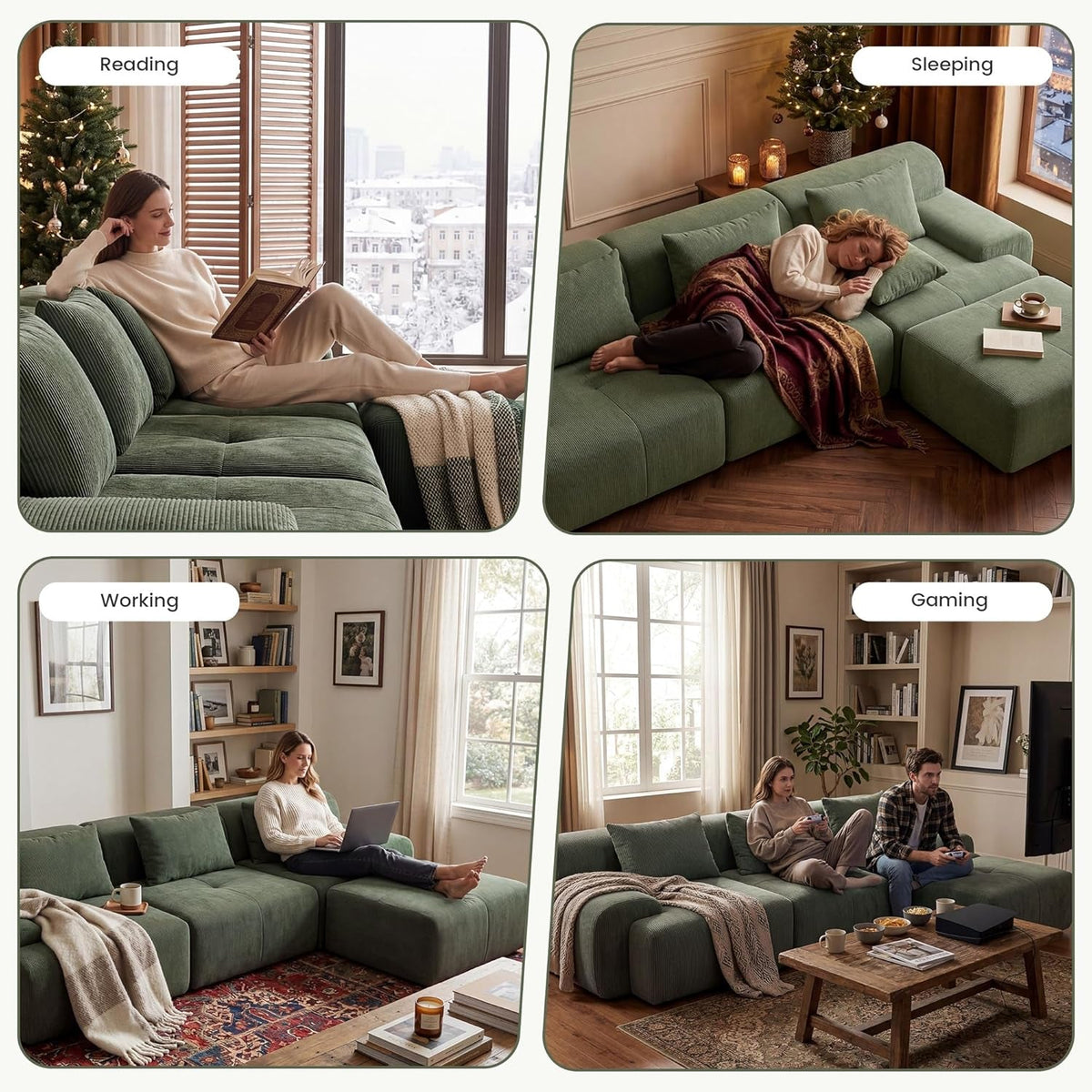 Green Corduroy 108 Inch Luxurious Sectional Sofa Set