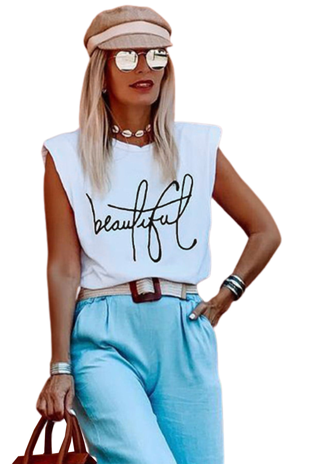 White padded shoulder tank top with letter print for women, by Lavender Pallas, featuring a casual sleeveless design.
