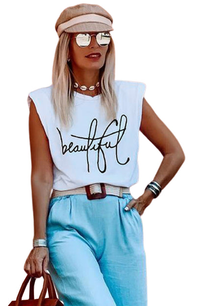 White padded shoulder tank top with letter print for women, by Lavender Pallas, featuring a casual sleeveless design.