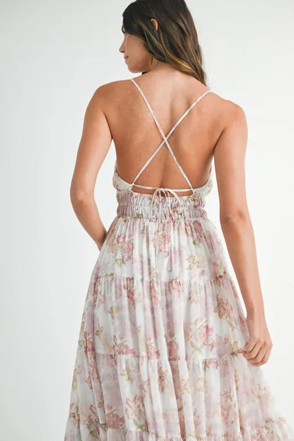 Pear Daisy floral print tiered cami maxi dress with a flowing silhouette, perfect for casual summer wear or garden gatherings.