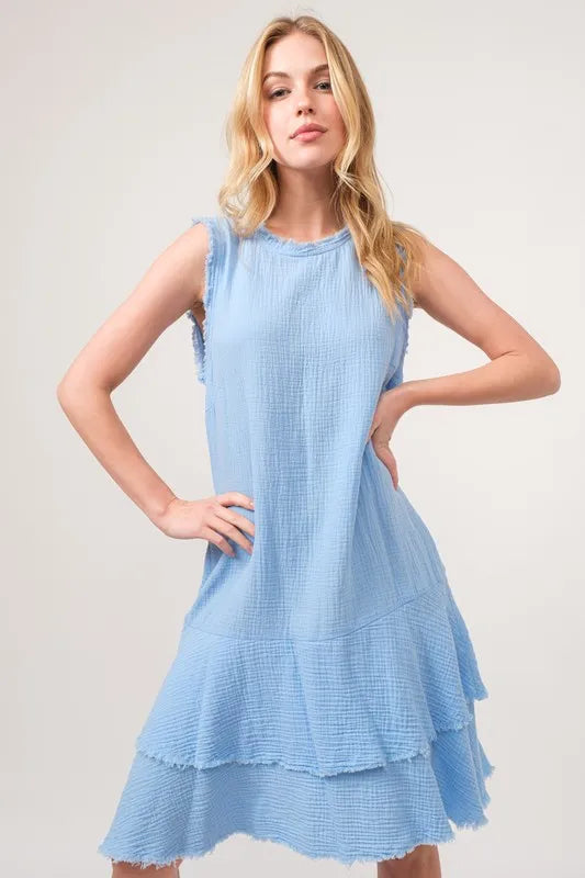 Jade Icarus washed fringe detail tiered dress with layered design and textured fabric, styled with fringe accents.