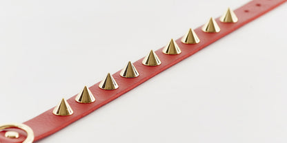 Golden Spike Red Collar for pets by Emerald Alfie, featuring a stylish red design with a gold spike embellishment.