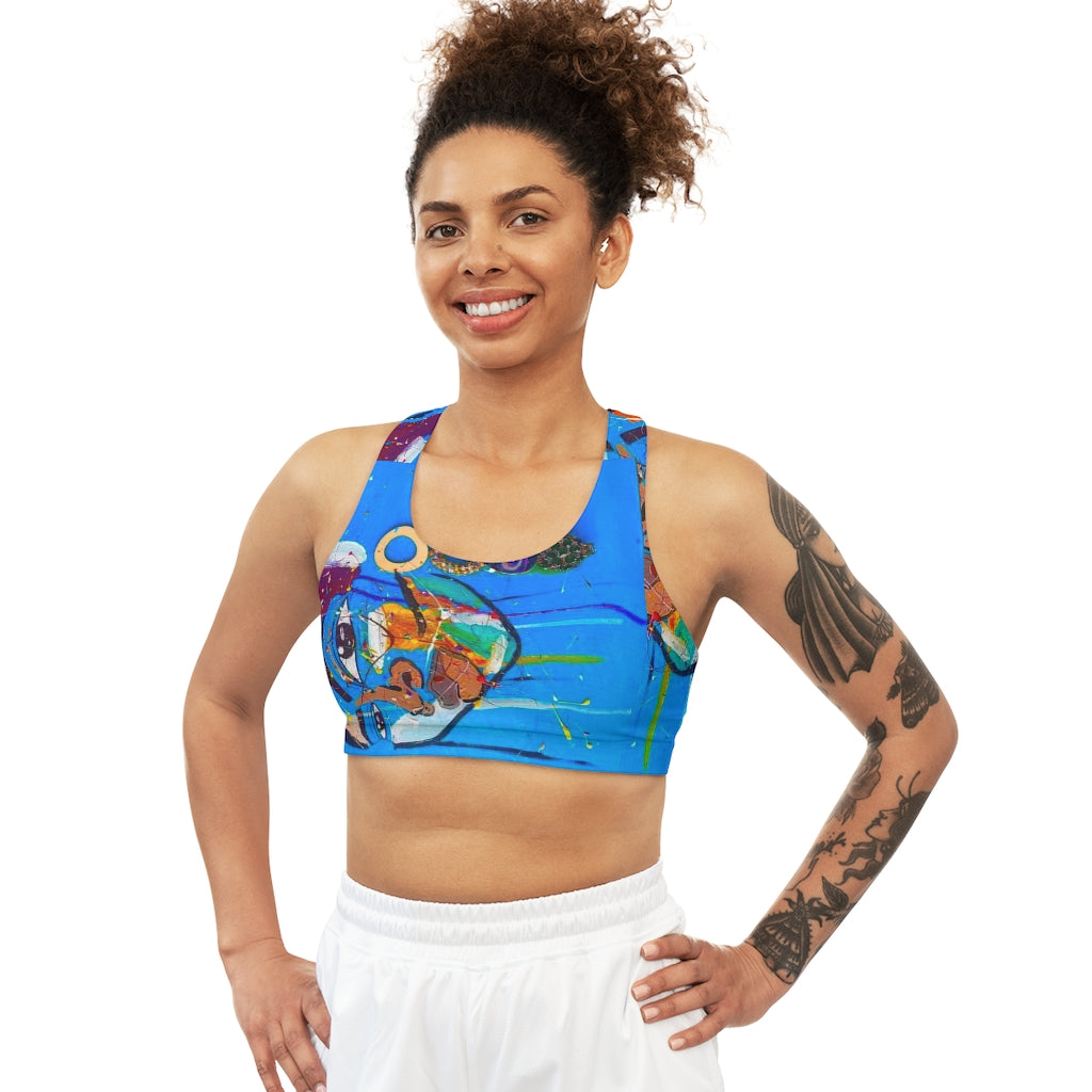Women’s Humanity Sport Bra by Erin Theia with Hosea Artista design, featuring vibrant patterns on a comfortable athletic fit.