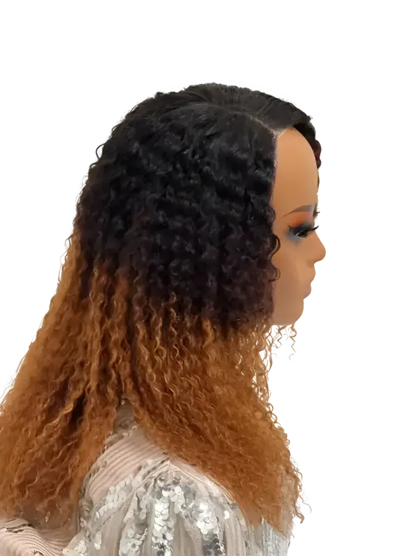 Ombre Afro wig with bold, curly human hair in shades of brown and blonde, styled with natural curls from Peach Clymene.