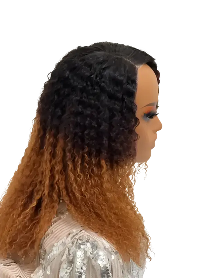 Ombre Afro wig with bold, curly human hair in shades of brown and blonde, styled with natural curls from Peach Clymene.