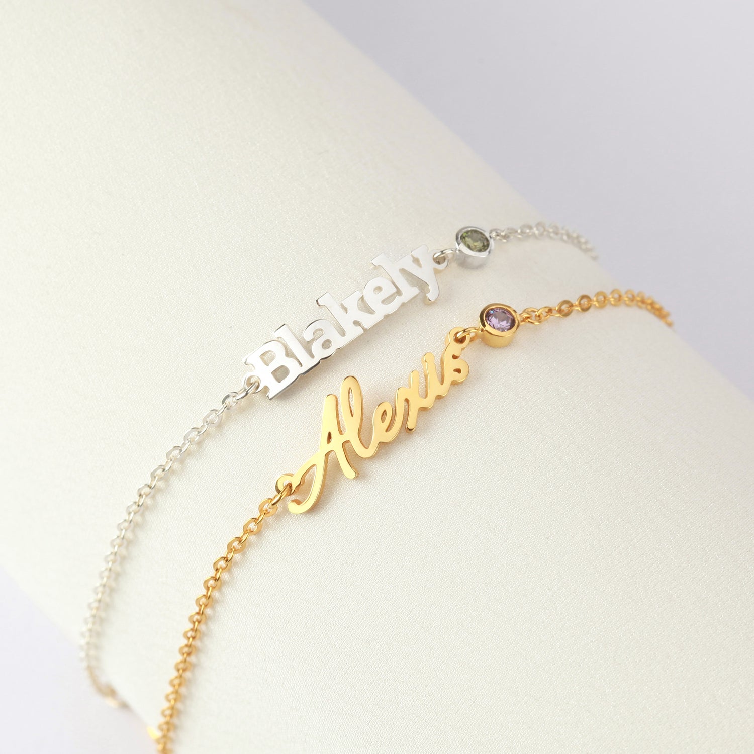 Personalized Green Millie cursive name bracelet for tween girls, featuring custom name in stylish script on a delicate bracelet.