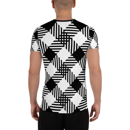Mens Grey Coco performance sport T-shirt with black and white plaid print, athletic fit, all-over print, white back view