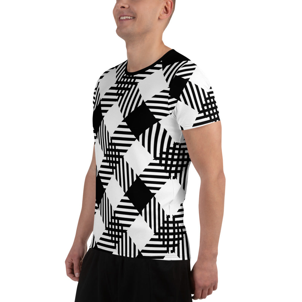 Mens Grey Coco athletic sport T-shirt with black and white plaid print, all-over athletic shirt designed for performance and style.