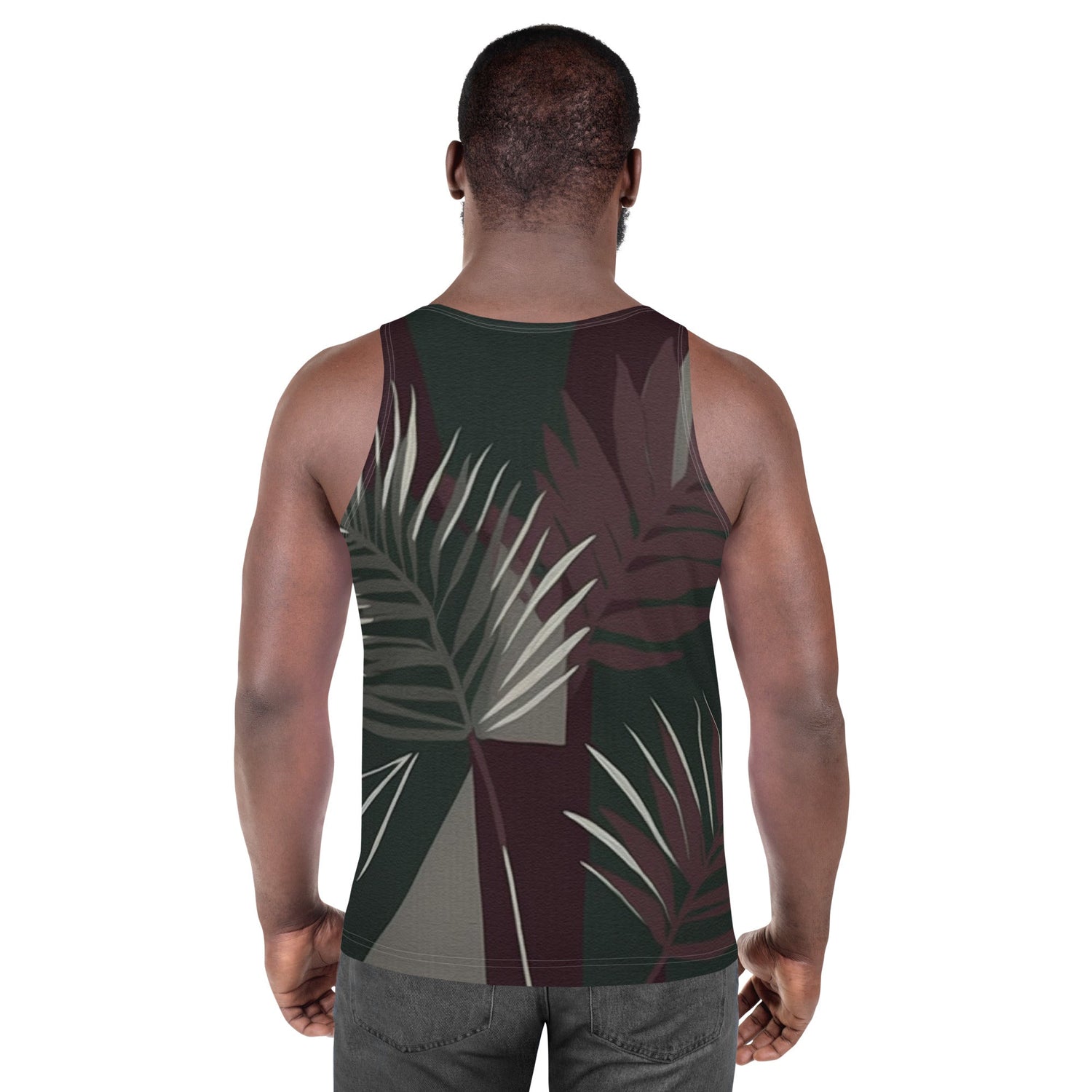 Mens stretch fit tank top by Grey Coco with palm tree leaves print on maroon and green background.