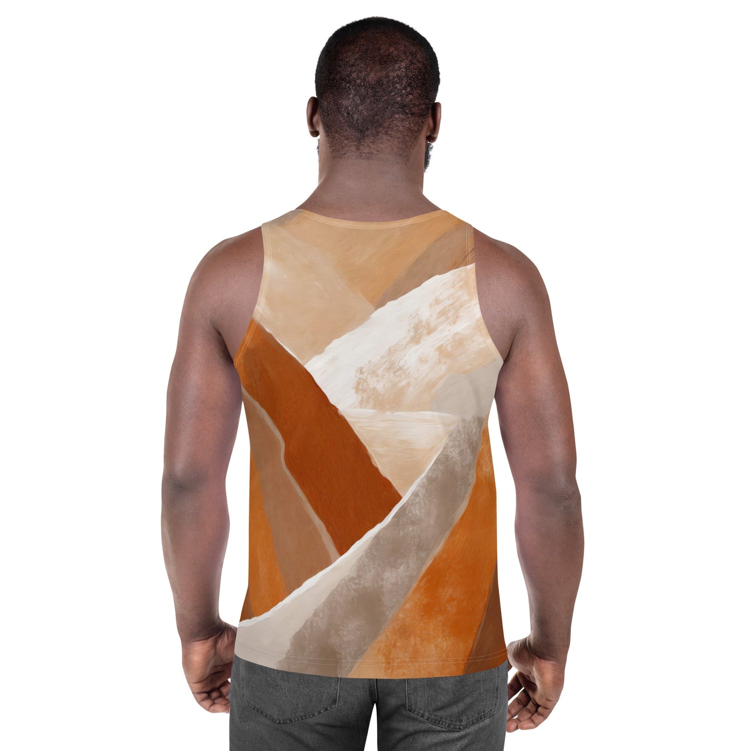 Mens stretch fit tank top with boho watercolor print in white, featuring a casual sleeveless design by Grey Coco.