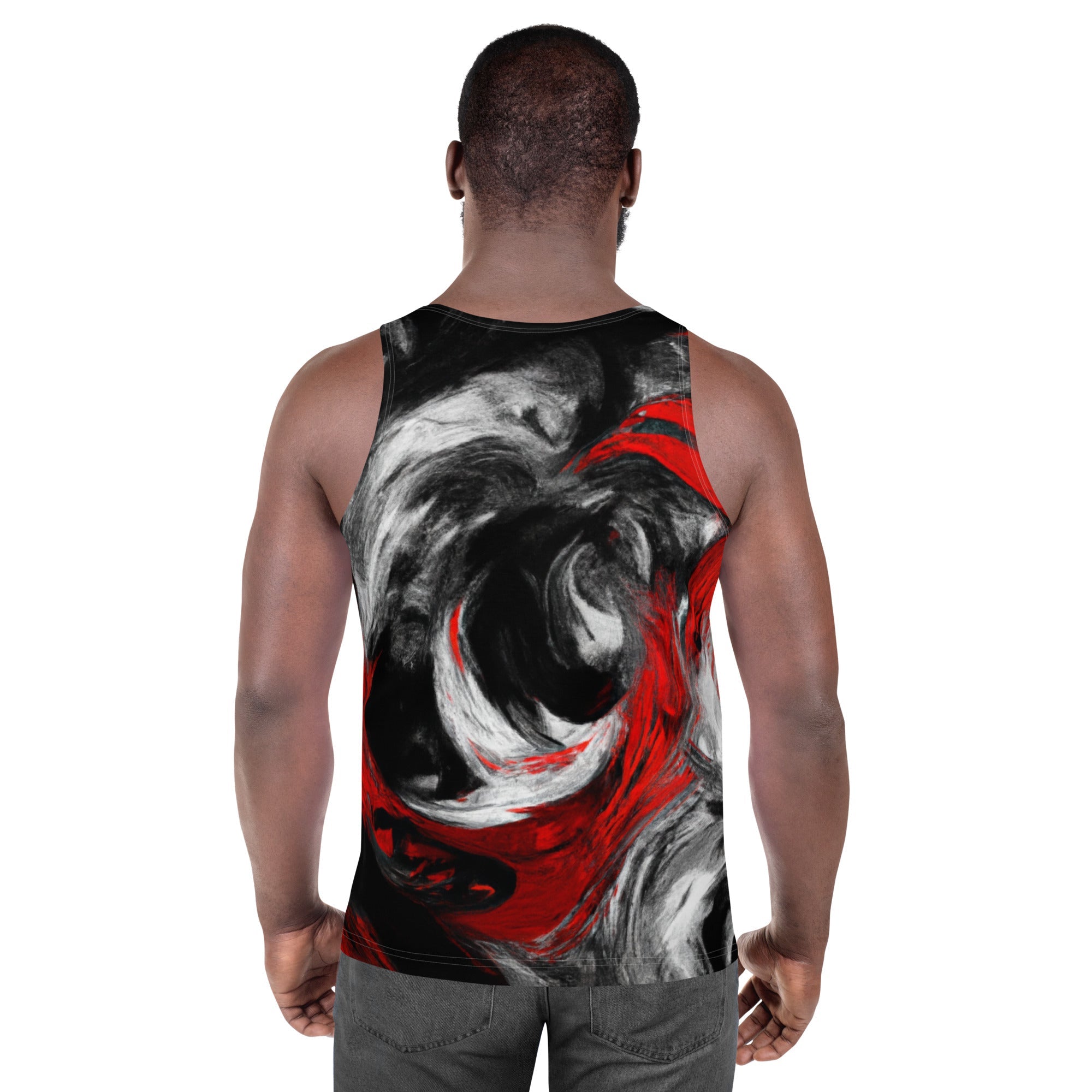 Mens stretch fit tank top by Grey Coco with black, red, and white abstract all-over print, shown from the back.