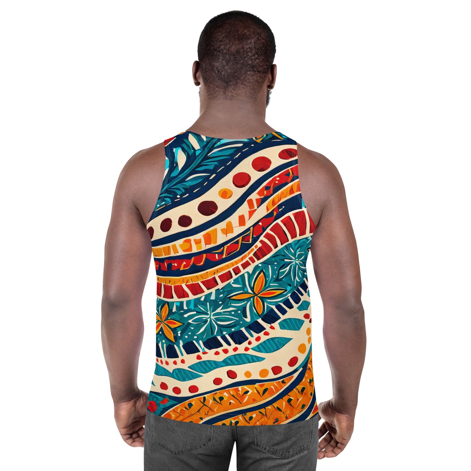 Mens stretch fit boho floral print tank top with all-over colorful design, white back, by Grey Coco.