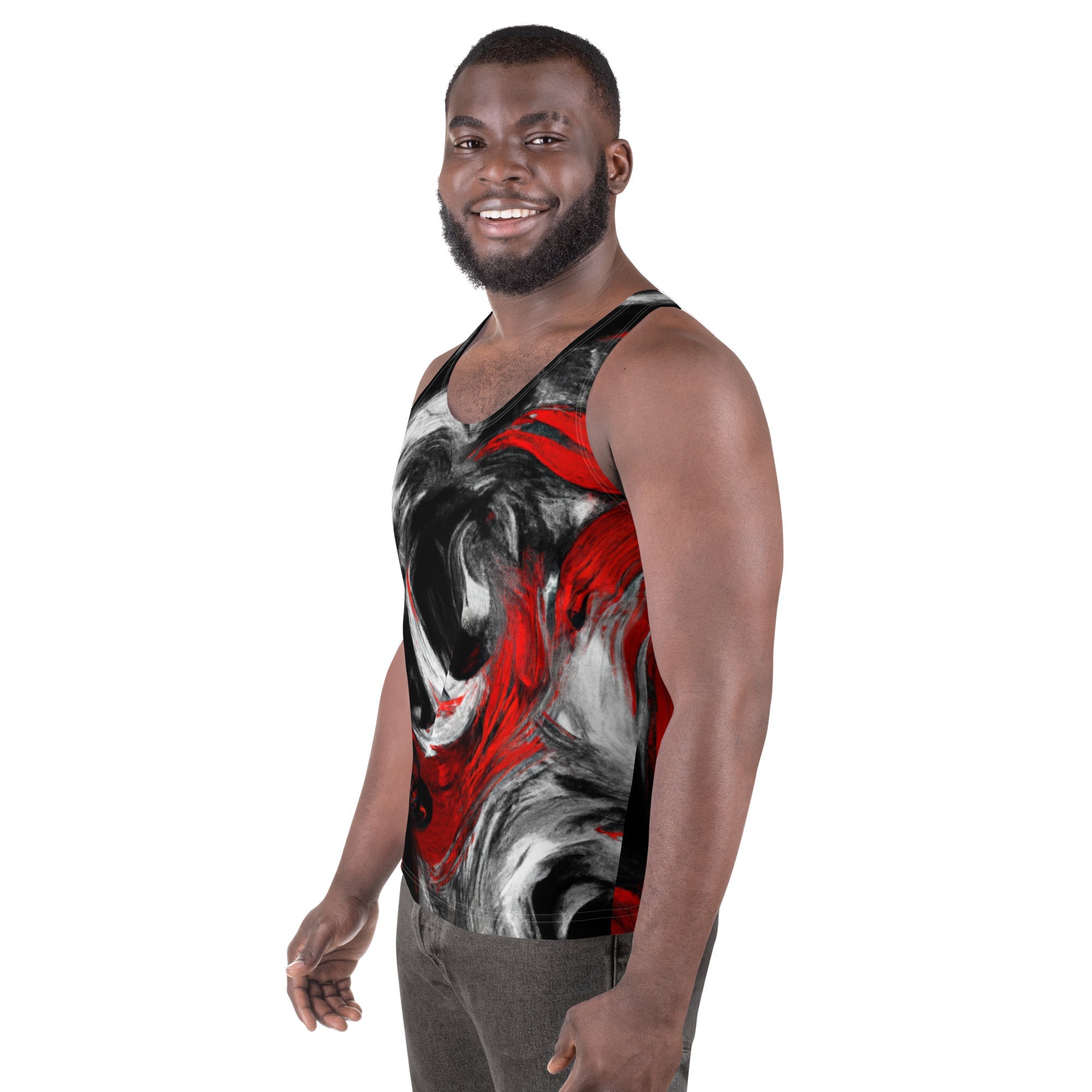 Mens Grey Coco stretch fit tank top with black, red, and white abstract all-over print, front view showing its stylish design.