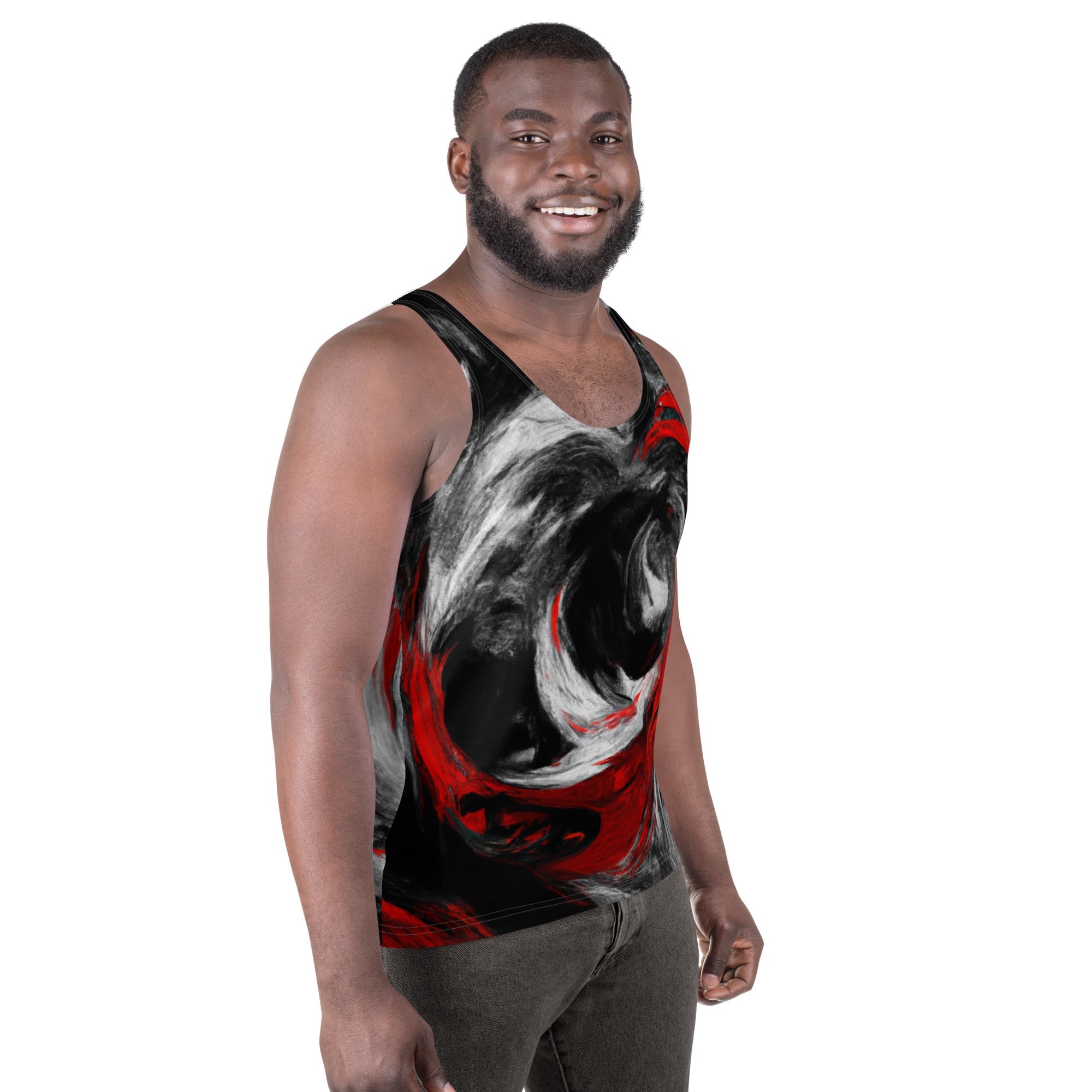 Mens Grey Coco stretch fit tank top with black, red, and white abstract all-over print, front view showing vibrant design.
