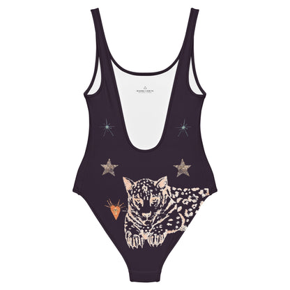 Violet Apollo Petra black jaguar print one-piece swimsuit for women, featuring an all-over animal print design.