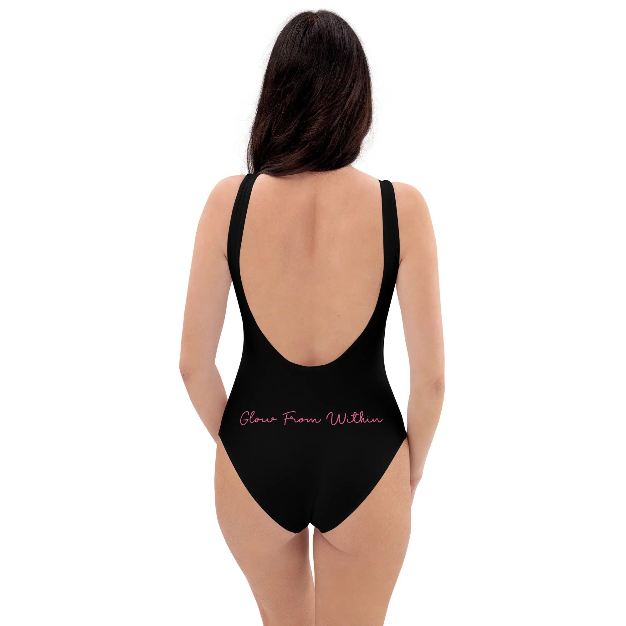 White all-over-print Pink Lucky women’s one-piece swimsuit with a stylish design, shown from the back.