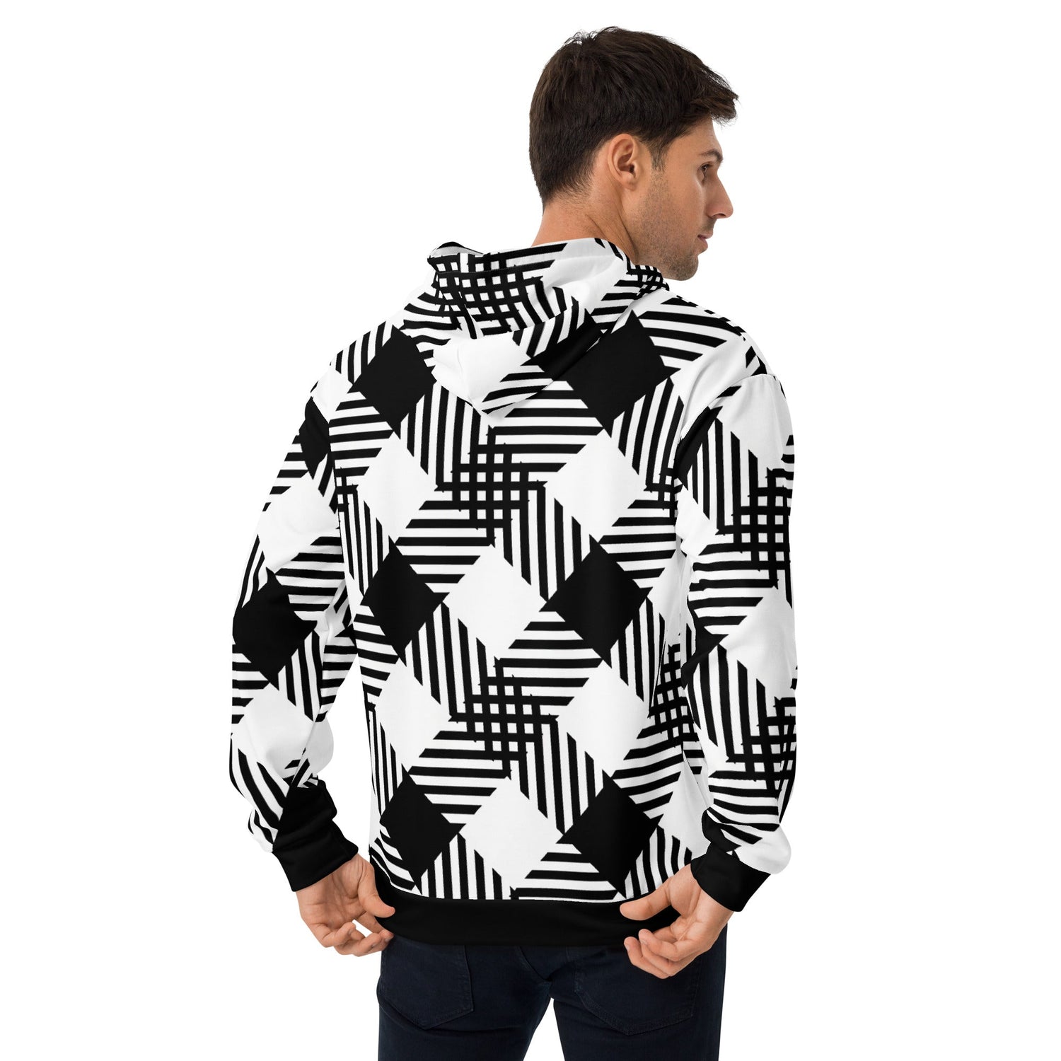 White all-over-print recycled unisex hoodie by Start2Finish, showcasing a casual, eco-friendly apparel design with a back view.